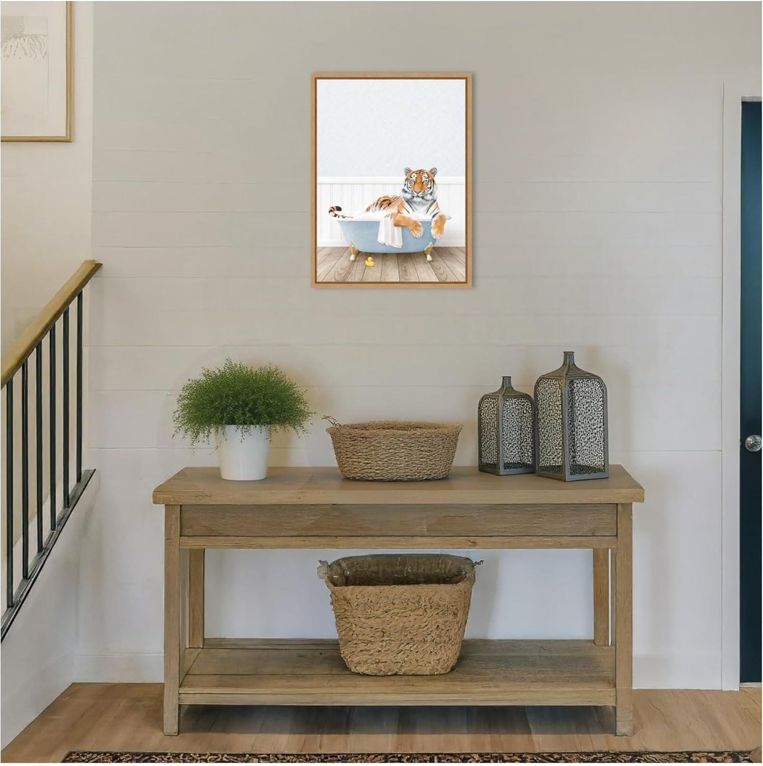 image:imageKate and Laurel Tiger in Cottage Blue Bathtub Framed Canvas Wall Art by Amy Peterson 18 x 24 Sylvie Natural Whimsical Animals Art for Wall Decor Living Room Bedroom