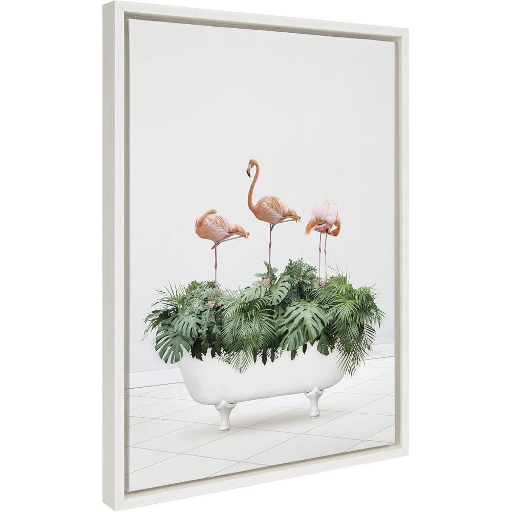 image:imageKate and Laurel Sylvie 3 Flamingos In Vintage Bathtub Framed Canvas Wall Art by Amy Peterson Art Studio 18x24 White Whimsical Animal Art Bathroom Dcor