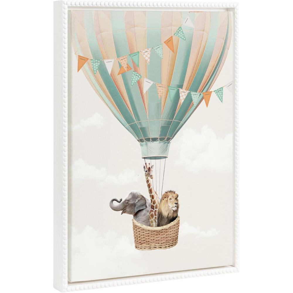 image:imageKate and Laurel Sylvie Beaded Hot Air Balloon Travel Vintage Framed Canvas Wall Art by July Art Prints 18x24 White Zoo Animal Wall Art Decor