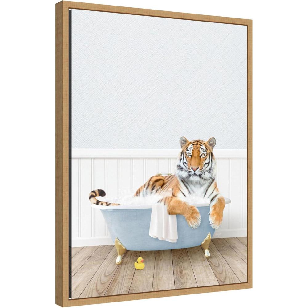 image:imageKate and Laurel Tiger in Cottage Blue Bathtub Framed Canvas Wall Art by Amy Peterson 18 x 24 Sylvie Natural Whimsical Animals Art for Wall Decor Living Room Bedroom