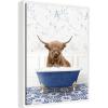 image:imageKate and Laurel Highland Cow in Eclectic Blue Bathtub Framed Canvas Wall Art by Amy Peterson 18 x 24 Sylvie White Whimsical Animals Bathroom Humor Art for Wall Decor Living Room Bedroom