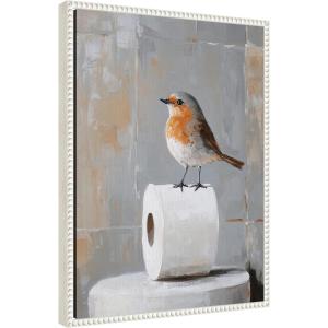 image:imageKate and Laurel Bird Standing on Toilet Paper Roll Toilet Bathroom Art Framed Canvas Wall Art by The Creative Bunch Studio 18 x 24 Sylvie Beaded White Modern Animals Bathroom Art for Wall Decor