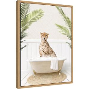 image:imageKate and Laurel Cheetah in Palms Bath Framed Canvas Wall Art by Amy Peterson 18 x 24 Sylvie Natural Whimsical Animals Tropical Bathroom Art for Wall Decor Living Room Bedroom