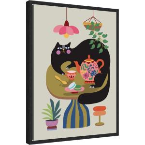 image:imageKate and Laurel Fat Cat Tea Party Framed Canvas Wall Art by Rachel Lee 18 x 24 Sylvie Black MidCentury Animals Cuisine Art for Wall Decor Living Room Bedroom