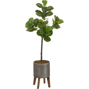image:imageKate and Laurel Fidmont Faux Fiddle Fig Tree with Gavri Metal Planter Pot 4 FT Silver and Rustic Brown Potted Artificial Tree Indoor with Realistic Foliage and Added Moss Living Room Fake Plant4ft 7in