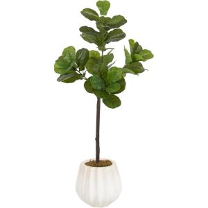 image:imageKate and Laurel Fidmont Faux Fiddle Fig Tree with Gavri Metal Planter Pot 4 FT Silver and Rustic Brown Potted Artificial Tree Indoor with Realistic Foliage and Added Moss Living Room Fake Plant3ft 11in