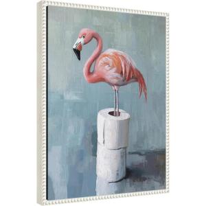 image:imageKate and Laurel Flamingo Standing with Toilet Paper Rolls Bathroom Art Framed Canvas Wall Art by The Creative Bunch Studio 18 x 24 Sylvie Beaded White Whimsical Animals Bathroom Humor Art for Wall