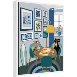 image:imageKate and Laurel Framed Canvas Wall Art Print Pizza Cats by Rachel Lee 3 Birdies Studio 18 x 24 Sylvie White Frame Whimsical Animal Art for Wall Decor