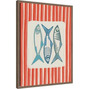 image:imageKate and Laurel Framed Canvas Wall Art Print Sardine with Pink Stripes by Alicia Bock 18 x 24 Sylvie Walnut Frame Coastal Animal Art for Wall Decor