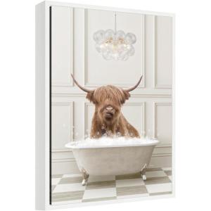image:imageKate and Laurel Highland Cow in Lux Bathtub Framed Canvas Wall Art by Amy Peterson 18 x 24 Sylvie White Whimsical Humor Animals Bathroom Art for Wall Decor Living Room Bedroom