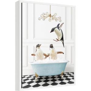 image:imageKate and Laurel Penguins in Blue Bathtub on Checker Floor Framed Canvas Wall Art by Amy Peterson 18 x 24 Sylvie White Whimsical Animals Bathroom Art for Wall Decor Living Room Bedroom