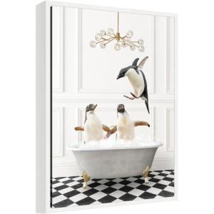 image:imageKate and Laurel Penguins in Lux Bathtub Framed Canvas Wall Art by Amy Peterson 18 x 24 Sylvie White Whimsical Animals Bathroom Art for Wall Decor Living Room Bedroom