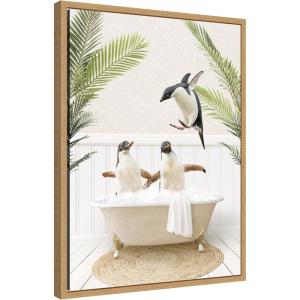 image:imageKate and Laurel Penguins in Palm Bathtub Framed Canvas Wall Art by Amy Peterson 18 x 24 Sylvie Natural Whimsical Animals Bathroom Tropical Art for Wall Decor Living Room Bedroom
