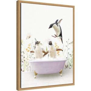 image:imageKate and Laurel Penguins in Spring Bathtub Framed Canvas Wall Art by Amy Peterson 18 x 24 Sylvie Natural Whimsical Animals Bathroom Art for Wall Decor Living Room Bedroom