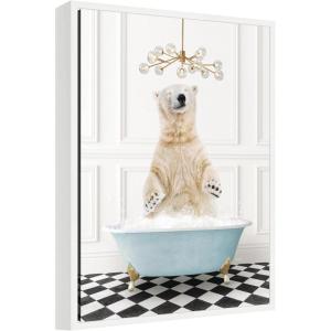 image:imageKate and Laurel Polar Bear in Blue Bathtub on Checker Floor Framed Canvas Wall Art by Amy Peterson 18 x 24 Sylvie White Whimsical Animals Bathroom Art for Wall Decor Living Room Bedroom