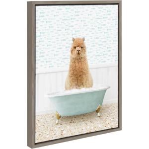 image:imageKate and Laurel Sylvie Alpaca in Little Fish Bath Framed Canvas Wall Art by Amy Peterson Art Studio 18x24 Gray Cute Animal Bathtub Art for Wall