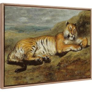 image:imageKate and Laurel Sylvie Beaded Tiger Resting Vintage Framed Canvas Wall Art by Pierre Andrieu 23x33 Gold Soft Tiger Animal Painting for Wall