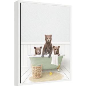 image:imageKate and Laurel Three Bear Cubs in Cottage Green Bath Framed Canvas Wall Art by Amy Peterson 18 x 24 Sylvie White Whimsical Animals Bathroom Art for Wall Decor Living Room Bedroom