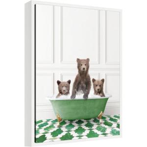 image:imageKate and Laurel Three Bear Cubs in Eclectic Green Panel Wall Bathtub Framed Canvas Wall Art by Amy Peterson 18 x 24 Sylvie White Whimsical Animals Bathroom Art for Wall Decor Living Room Bedroom