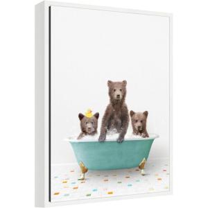 image:imageKate and Laurel Three Bear Cubs in Teal Bathtub on Colored Tile Framed Canvas Wall Art by Amy Peterson 18 x 24 Sylvie White Whimsical Animals Bathroom Art for Wall Decor Living Room Bedroom