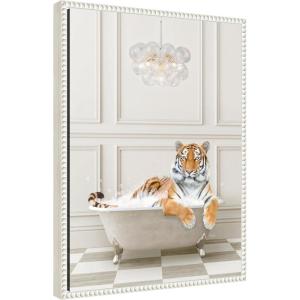 image:imageKate and Laurel Tiger Traditional Chandelier Bath Framed Canvas Wall Art by Amy Peterson 18 x 24 Sylvie Beaded White Whimsical Animals Bathroom Art for Wall Decor Living Room Bedroom