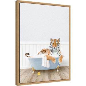 image:imageKate and Laurel Tiger in Cottage Blue Bathtub Framed Canvas Wall Art by Amy Peterson 18 x 24 Sylvie Natural Whimsical Animals Art for Wall Decor Living Room Bedroom
