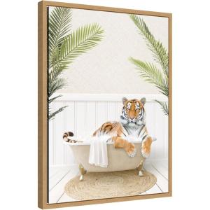 image:imageKate and Laurel Tiger in Palm Bath Framed Canvas Wall Art by Amy Peterson 18 x 24 Sylvie Natural Whimsical Animals Bathroom Tropical Art for Wall Decor Living Room Bedroom