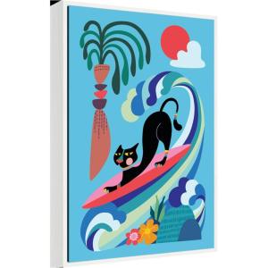 image:imageKate and Laurel Vibrant Whimsical Ocean Surf Cat Framed Canvas Wall Art by Rachel Lee 23 x 33 Sylvie White Whimsical Beach Animals Sports Art for Wall Decor Living Room Bedroom