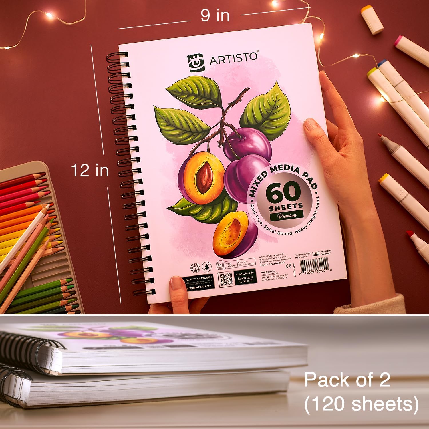 ARTISTO Premium Mixed Media Sketchbooks Pack of 2 120 sheets 9x12 inches 160 GSM Spiral Bound Sketch Pads Suitable for a Variety of Wet and Dry Media Ideal for All Artists