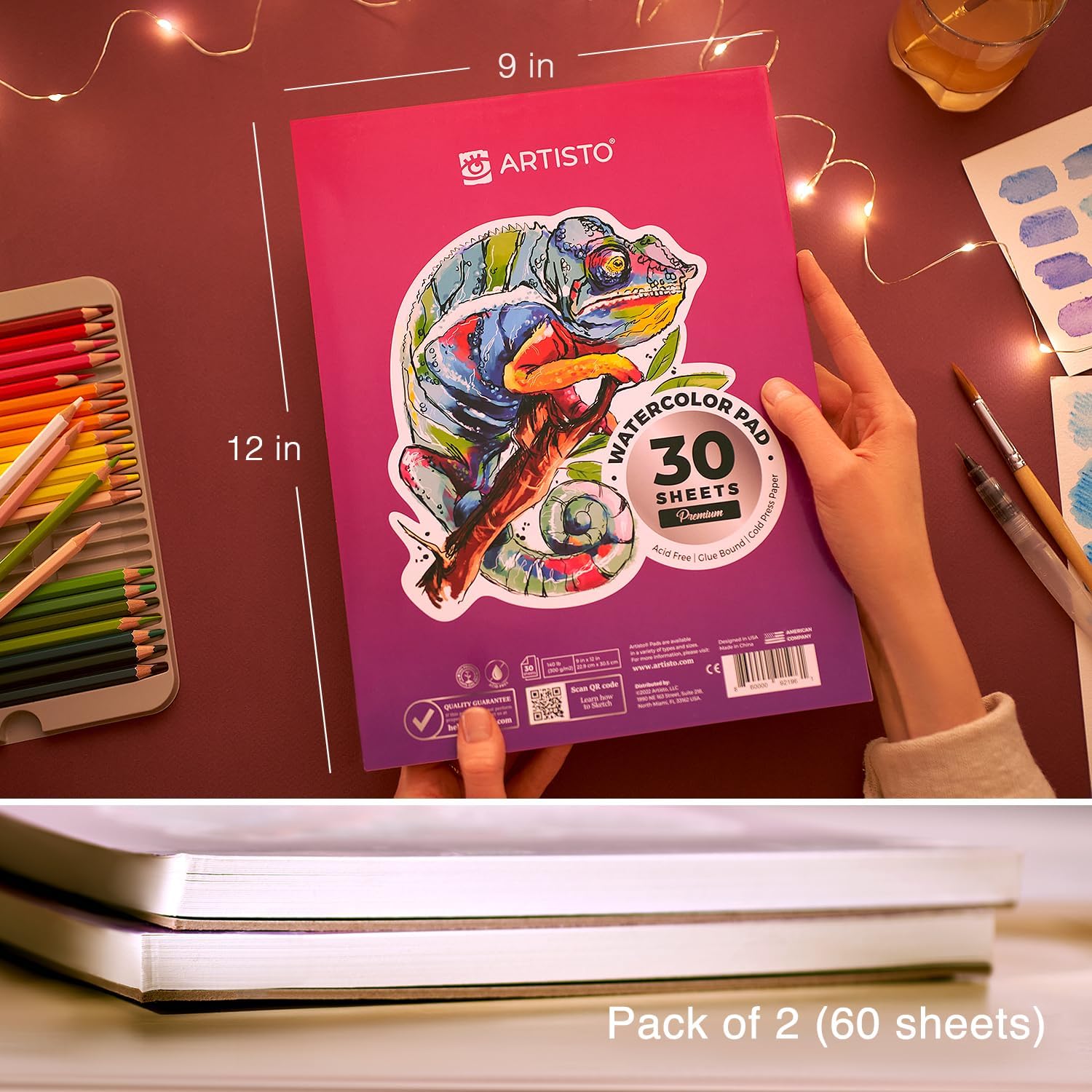 ARTISTO Watercolor Pads 9x12 Pack of 2 60 Sheets Glue Bound AcidFree Paper 140lb 300gsm Perfect for Most Wet ampamp Dry Media Ideal for Beginners Artists ampamp Professionals