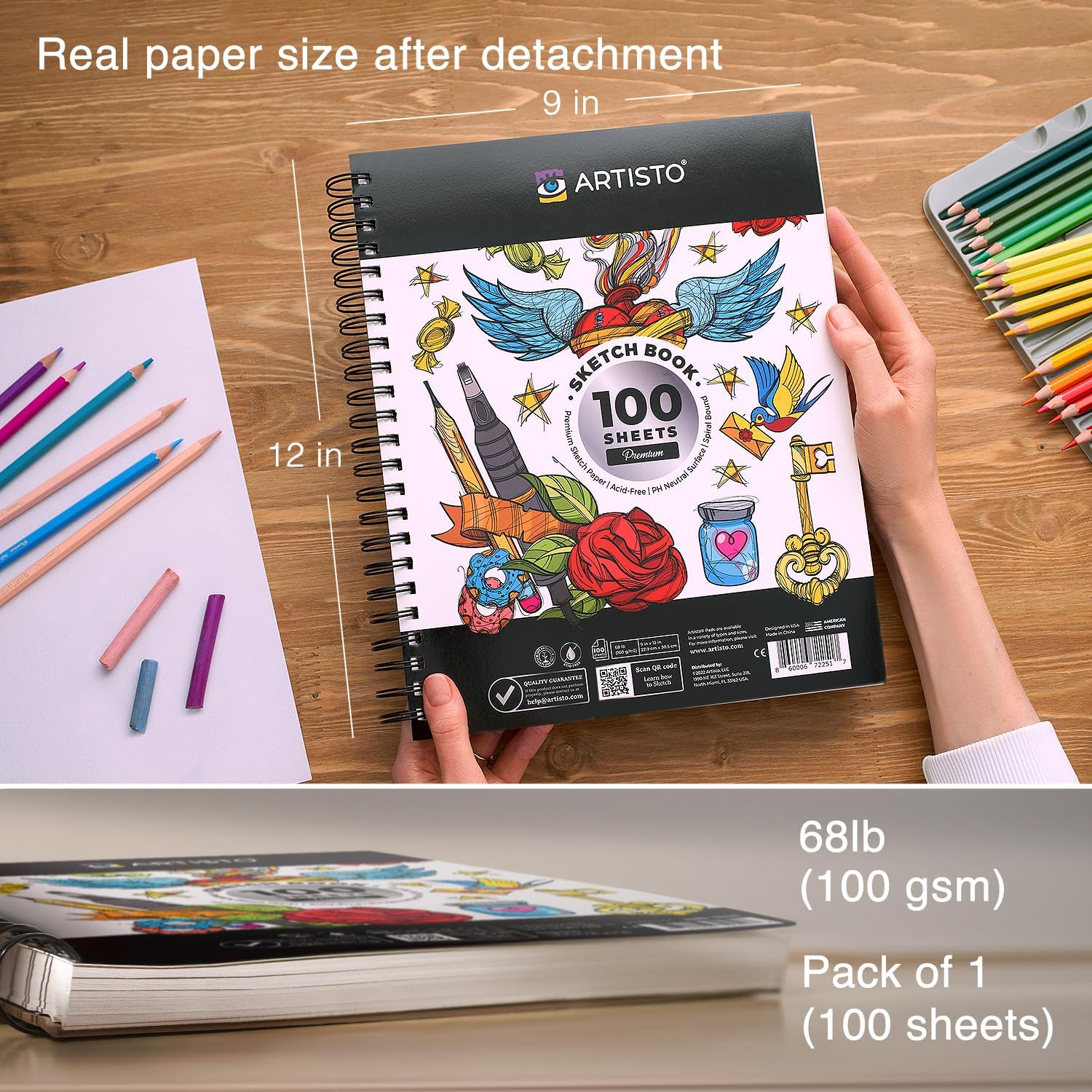 Artisto 9x12 Premium Sketch Book Set Spiral Bound Pack of 2 200 Sheets 100gm2 AcidFree Drawing Paper Ideal for Kids Teens ampamp AdultsSet of 1