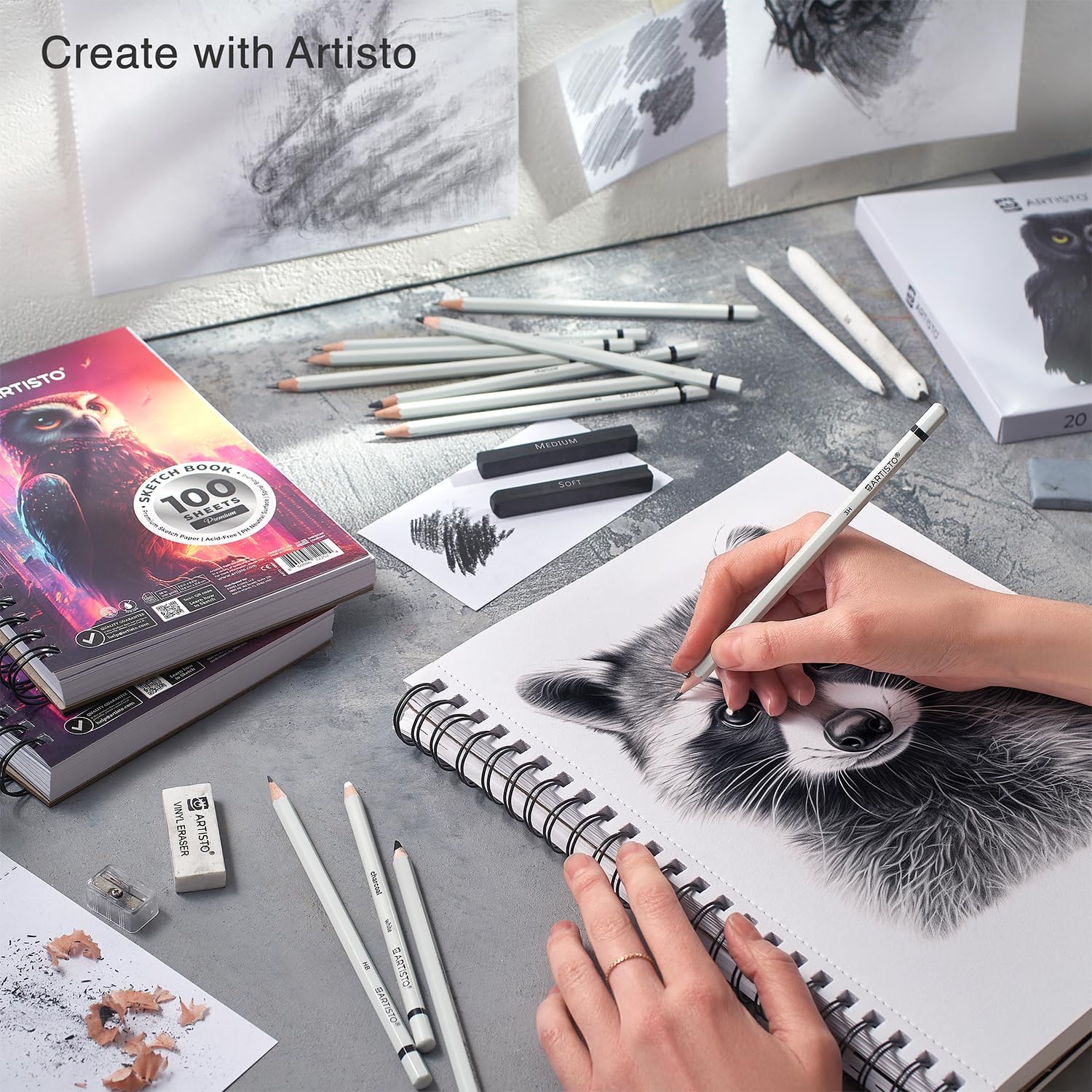 Artisto Drawing and Sketching Pencil Art Set 20 Items  Complete Kit with Graphite Pencils Charcoal Pencils Sticks Blending Stumps Erasers and Sharpeners