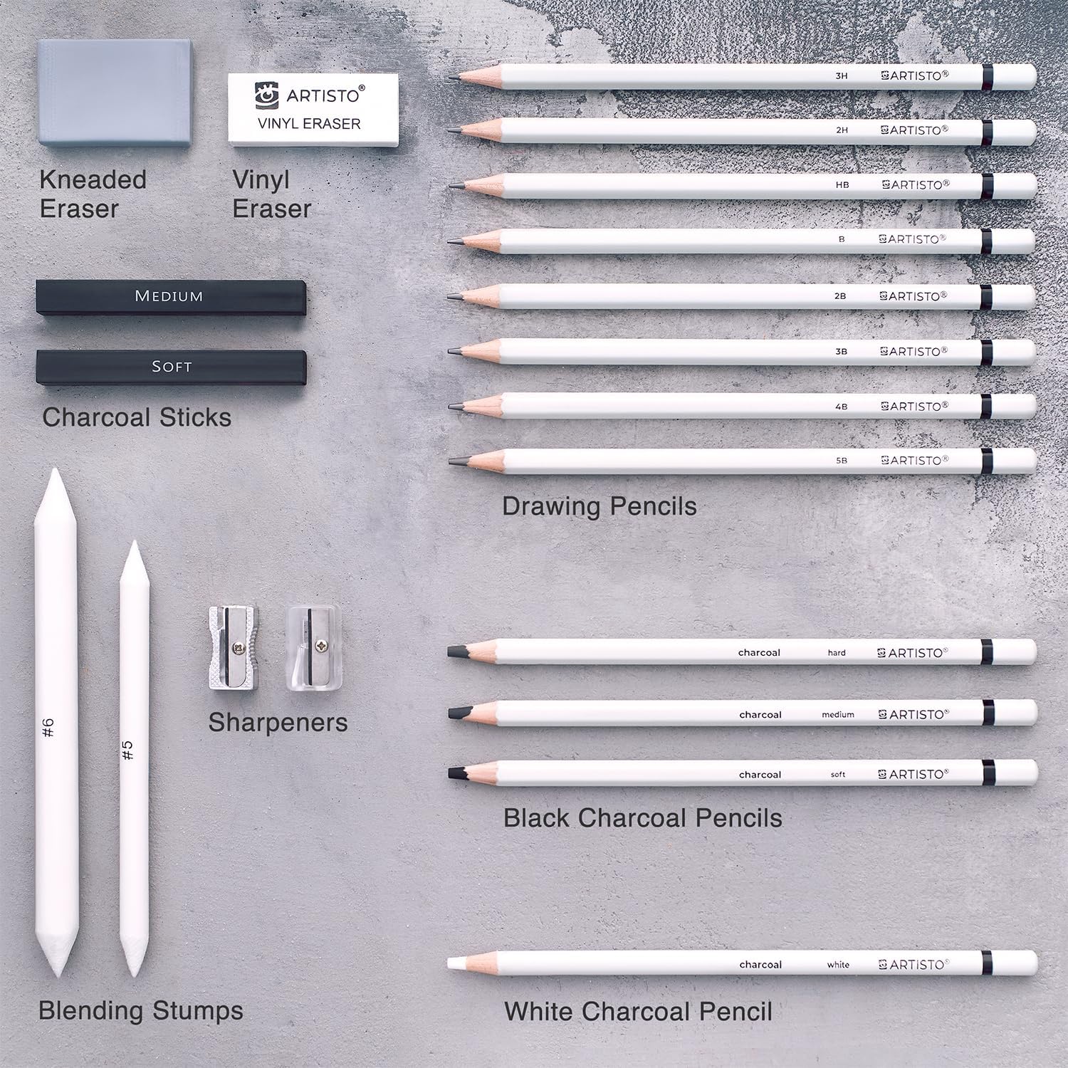 Artisto Drawing and Sketching Pencil Art Set 20 Items  Complete Kit with Graphite Pencils Charcoal Pencils Sticks Blending Stumps Erasers and Sharpeners