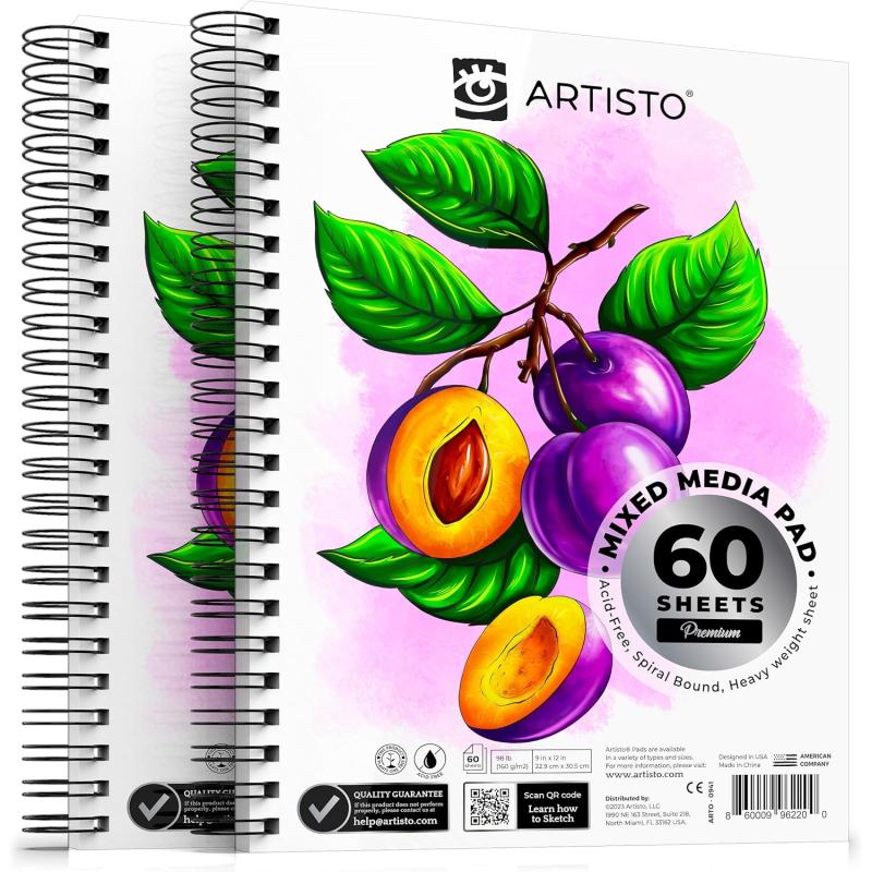 ARTISTO Premium Mixed Media Sketchbooks Pack of 2 120 sheets 9x12 inches 160 GSM Spiral Bound Sketch Pads Suitable for a Variety of Wet and Dry Media Ideal for All Artists