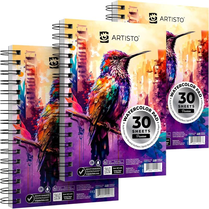 Artisto Watercolor Pads 55x85 Pack of 3 90 Sheets Spiral Bound AcidFree Paper 140lb 300gsm Perfect for Most Wet ampamp Dry Media Ideal for Beginners Artists ampamp Professionals