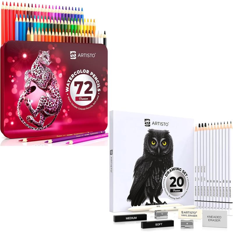 Artisto Watercolor Pencils 72 colors ampamp Sketching Art Set 20 items Bundle