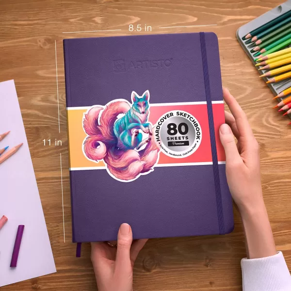 ARTISTO 85x11 Premium Hardcover Sketchbook  80 Sheets 125 GSM AcidFree Drawing Paper Hardbound Sketch Pad with Inner Pocket Elastic Closure and Bookmark RibbonViolet