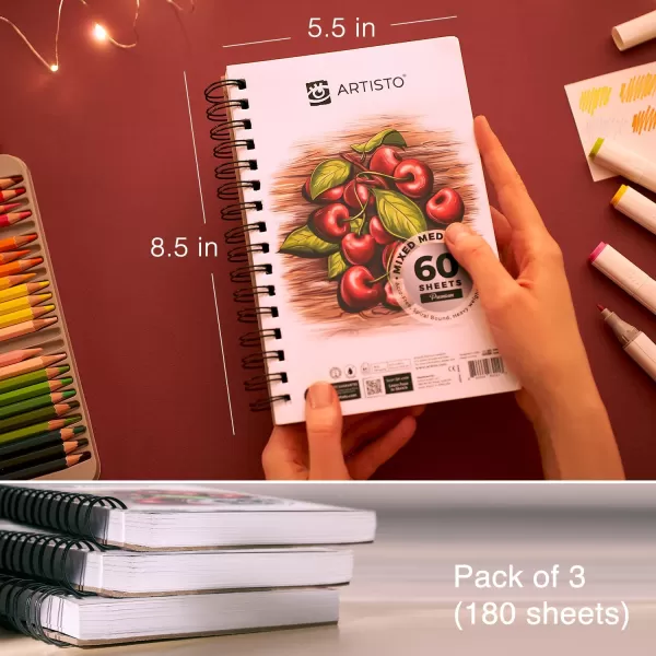 ARTISTO Premium Mixed Media Sketchbooks Pack of 3 180 Sheets 55x85 inches 160 GSM Spiral Bound Sketch Pads Suitable for a Variety of Wet and Dry Media Ideal for All Artists