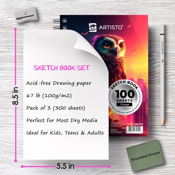 Artisto 55X85 Premium Sketch Book Set Pack of 3 300 Sheets 68lb 100gsm Spiral Bound AcidFree Drawing Paper Perfect for Most Dry Media
