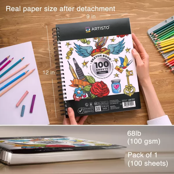 Artisto 9x12 Premium Sketch Book Set Spiral Bound Pack of 2 200 Sheets 100gm2 AcidFree Drawing Paper Ideal for Kids Teens ampamp AdultsSet of 1
