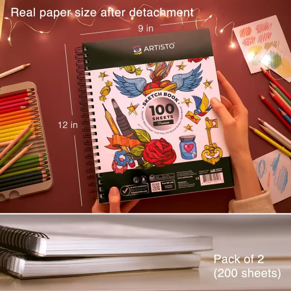 Artisto 9x12 Premium Sketch Book Set Spiral Bound Pack of 2 200 Sheets 100gm2 AcidFree Drawing Paper Ideal for Kids Teens ampamp AdultsSet of 2