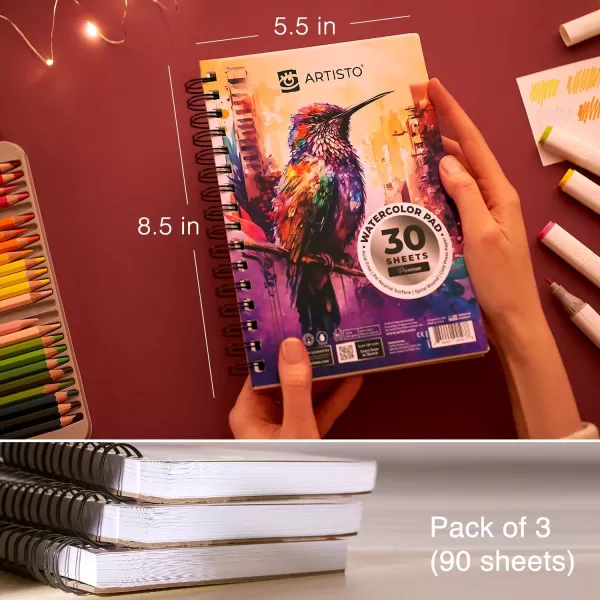 Artisto Watercolor Pads 55x85 Pack of 3 90 Sheets Spiral Bound AcidFree Paper 140lb 300gsm Perfect for Most Wet ampamp Dry Media Ideal for Beginners Artists ampamp Professionals