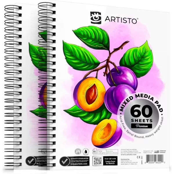 ARTISTO Premium Mixed Media Sketchbooks Pack of 2 120 sheets 9x12 inches 160 GSM Spiral Bound Sketch Pads Suitable for a Variety of Wet and Dry Media Ideal for All Artists