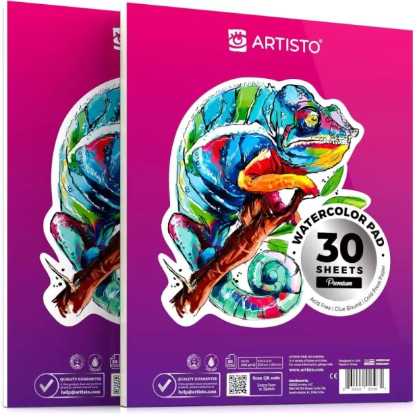 ARTISTO Watercolor Pads 9x12 Pack of 2 60 Sheets Glue Bound AcidFree Paper 140lb 300gsm Perfect for Most Wet ampamp Dry Media Ideal for Beginners Artists ampamp Professionals