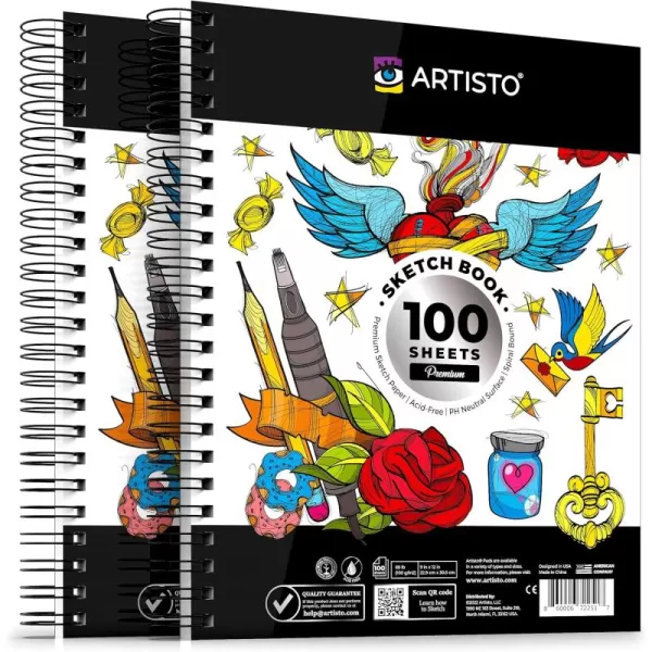 Artisto 9x12 Premium Sketch Book Set Spiral Bound Pack of 2 200 Sheets 100gm2 AcidFree Drawing Paper Ideal for Kids Teens ampamp AdultsSet of 2