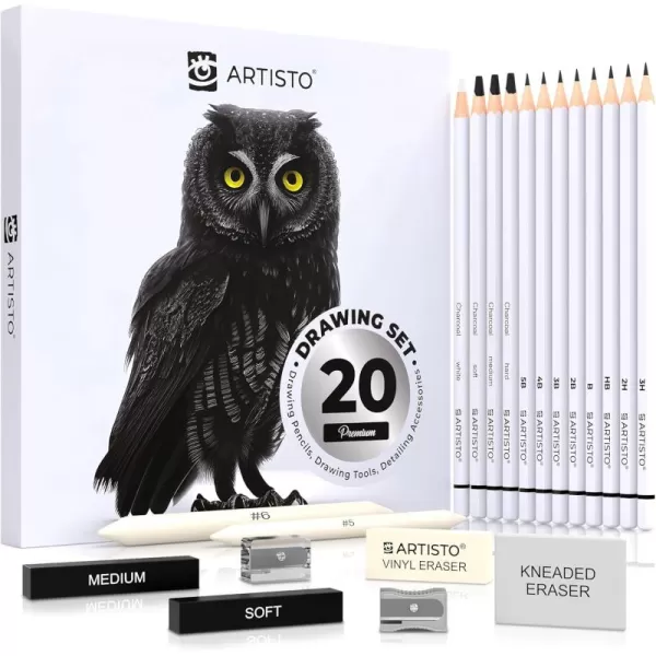 Artisto Drawing and Sketching Pencil Art Set 20 Items  Complete Kit with Graphite Pencils Charcoal Pencils Sticks Blending Stumps Erasers and Sharpeners