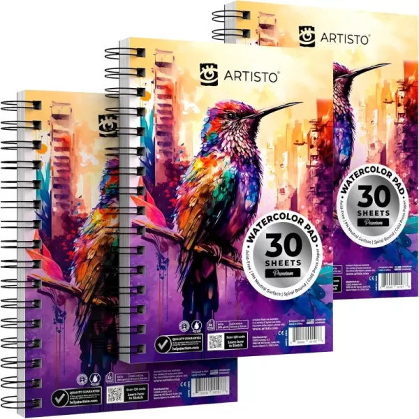 Artisto Watercolor Pads 55x85 Pack of 3 90 Sheets Spiral Bound AcidFree Paper 140lb 300gsm Perfect for Most Wet ampamp Dry Media Ideal for Beginners Artists ampamp Professionals