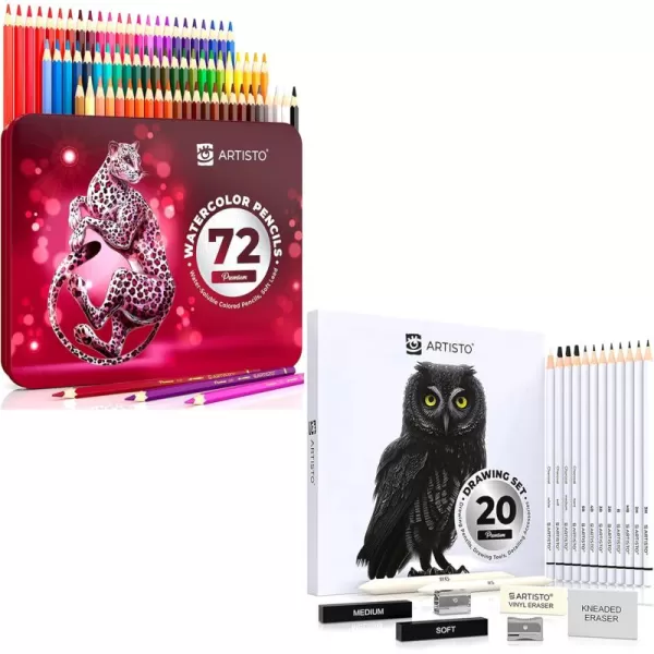 Artisto Watercolor Pencils 72 colors ampamp Sketching Art Set 20 items Bundle