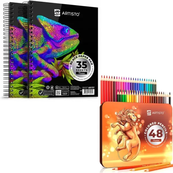 imageARTISTO Black Paper Pads 9x12 ampamp Colored Pencils 48 Colors Bundle