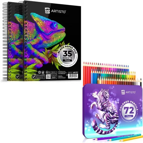 imageARTISTO Black Paper Pads 9x12 ampamp Colored Pencils 72 Colors Bundle